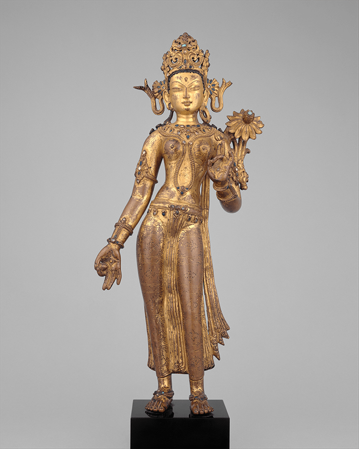 "Tara, the Buddhist Savior" Malla Period. 14th century Nepal. Gilt copper alloy with color, inlaid with semiprecious stones. Photo courtesy of The Met.