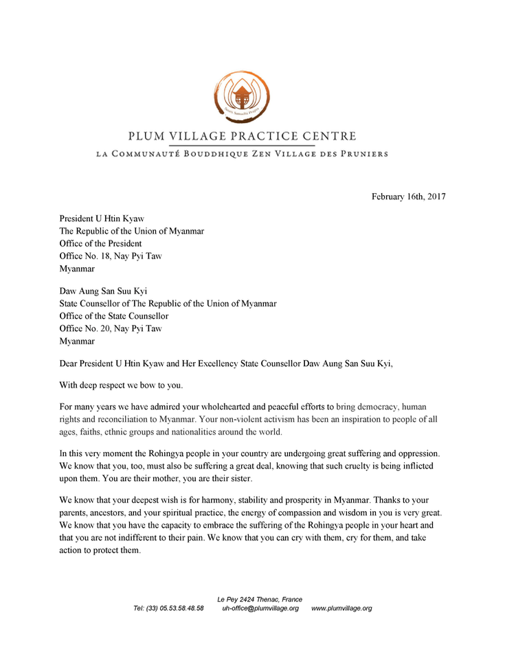 Letter from Sister Chan Khong to Aung San Suu Kyi.
