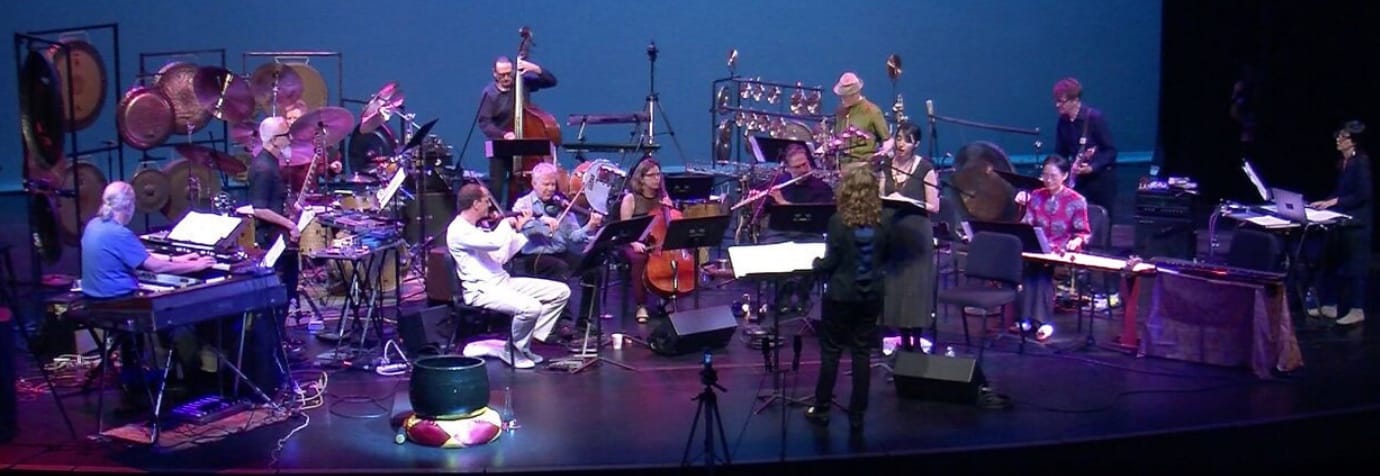 Alex Cline's Flower Garland Orchestra, in concert. Photo (video still) by David Witham.