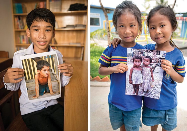 hildren hold photos of themselves from when they lived and scavanged in the garbage dump. Today, through the Cambodian Children’s Fund, they have nutritional food and proper housing.