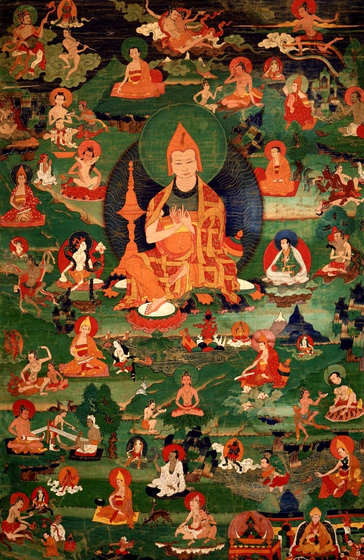 Atisha painting. There are many figures in the painting, with a larger main figure in the centre.