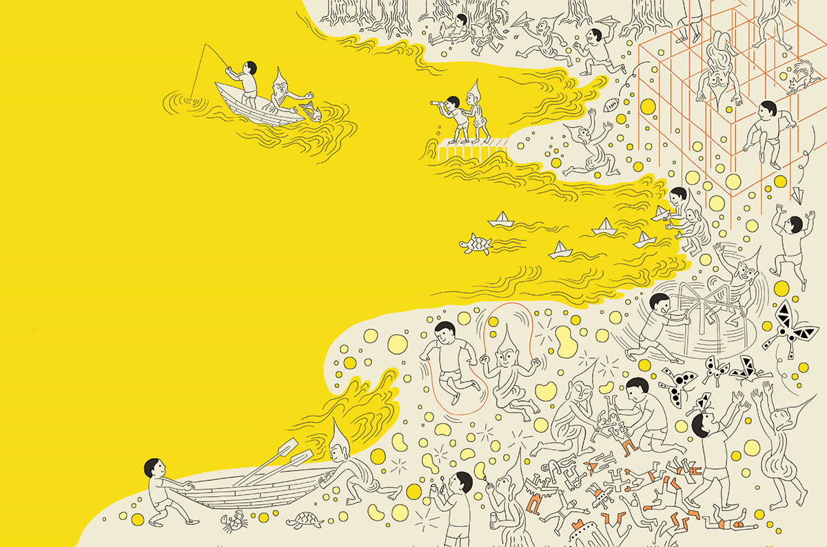 Illustration of a beach. The sand is beige and the water is yellow.