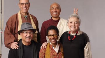 angel Kyodo williams (bottom center), with (clockwise), Larry Yang, Norman Fischer, Anam Thubten, and Sylvia Boorsten, in an outtake from the cover shoot for Lion’s Roar #1.