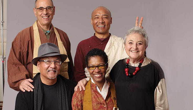 angel Kyodo williams (bottom center), with (clockwise), Larry Yang, Norman Fischer, Anam Thubten, and Sylvia Boorsten, in an outtake from the cover shoot for Lion’s Roar #1.
