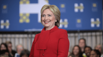 Hillary Clinton speaking with supporters at a "Get Out the Caucus" rally at Valley Southwoods Freshman High School.