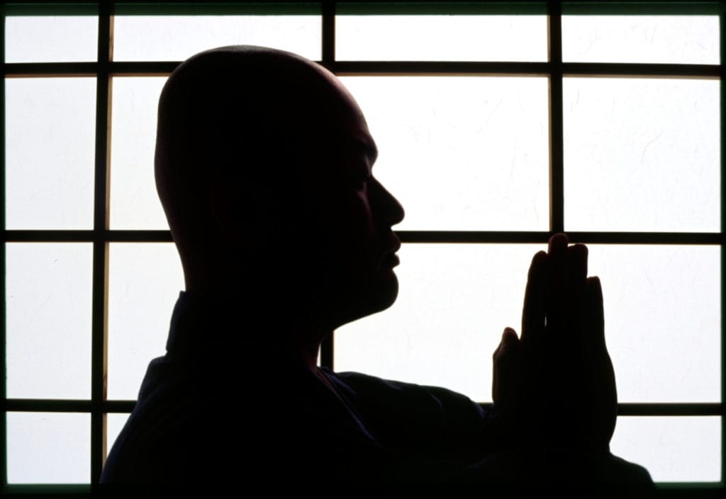 A Zen monk of the Soto School performs gassho salutation at the Seiryu ji Temple in Hikone City Japan
