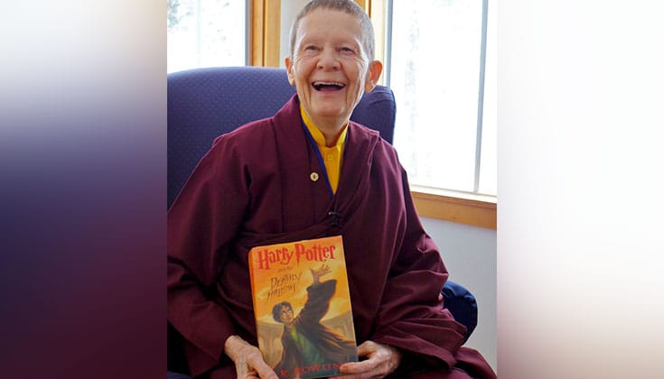 Pema Chodron holding "Harry Potter".