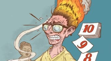 Illustration of a man sitting zazen with his hair on fire.