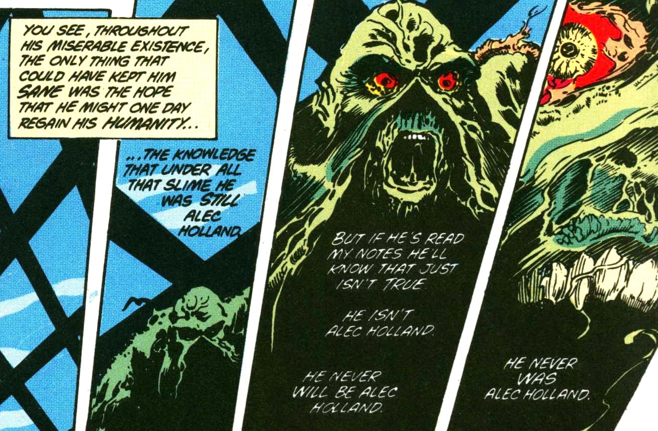 "He never was Alec Holland." (Detail). From The Saga of the Swamp Thing, February 1984. Writer: Alan Moore. Pencils: Steve Bissette. Inker: John Totleben. Colorist: Len Wein.