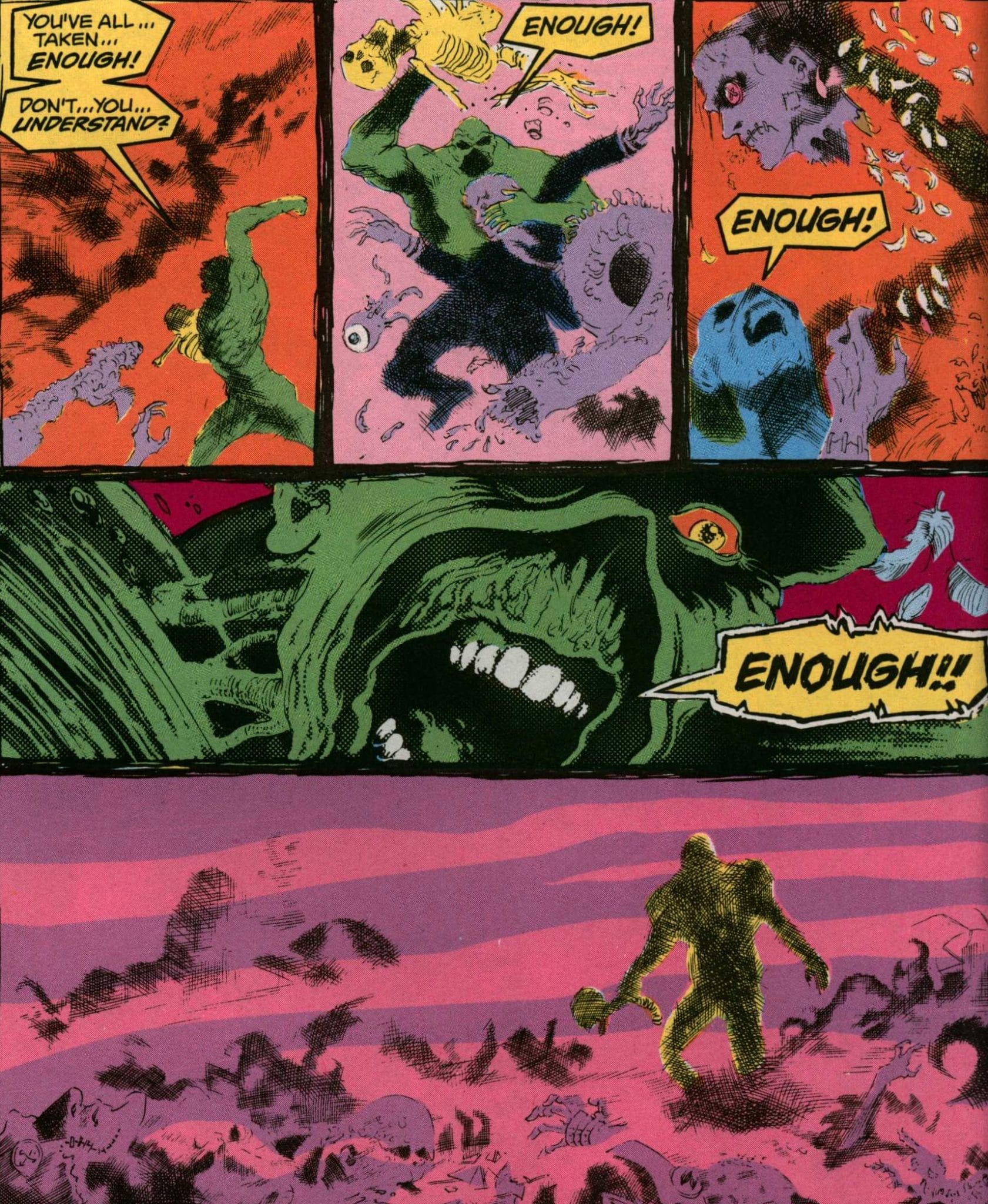 The Swamp Thing defends his humanity. Panels from The Saga of the Swamp Thing, February 1984. Writer: Alan Moore. Pencils: Steve Bissette. Inker: John Totleben. Colorist: Len Wein.