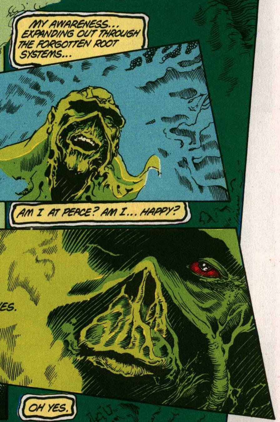 The Swamp Thing at peace. Panels from The Saga of the Swamp Thing, February 1984. Writer: Alan Moore. Pencils: Steve Bissette. Inker: John Totleben. Colorist: Len Wein.