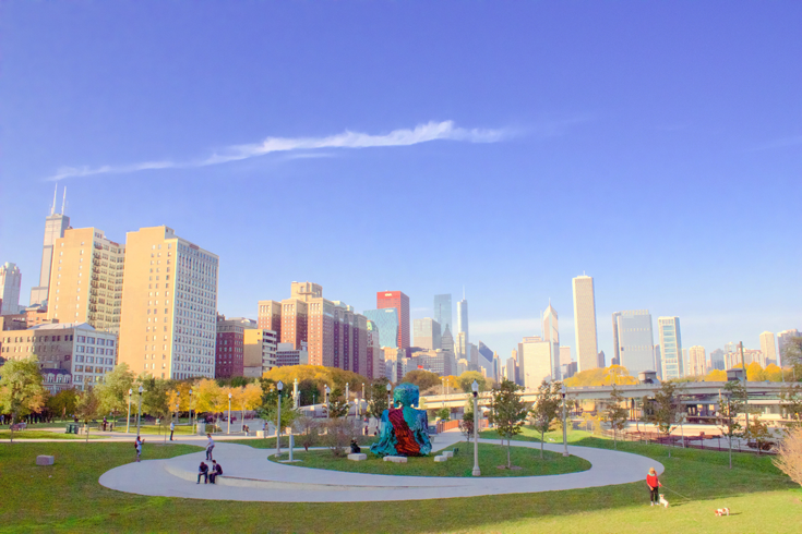 Tashi Norbu's "urban Buddha" sculpture, formally named "Be the flower, not the bee" looks over Chicago's Grant Park. Photo courtesy of the artist.