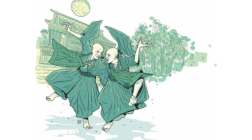 Illustration of dancing monks.