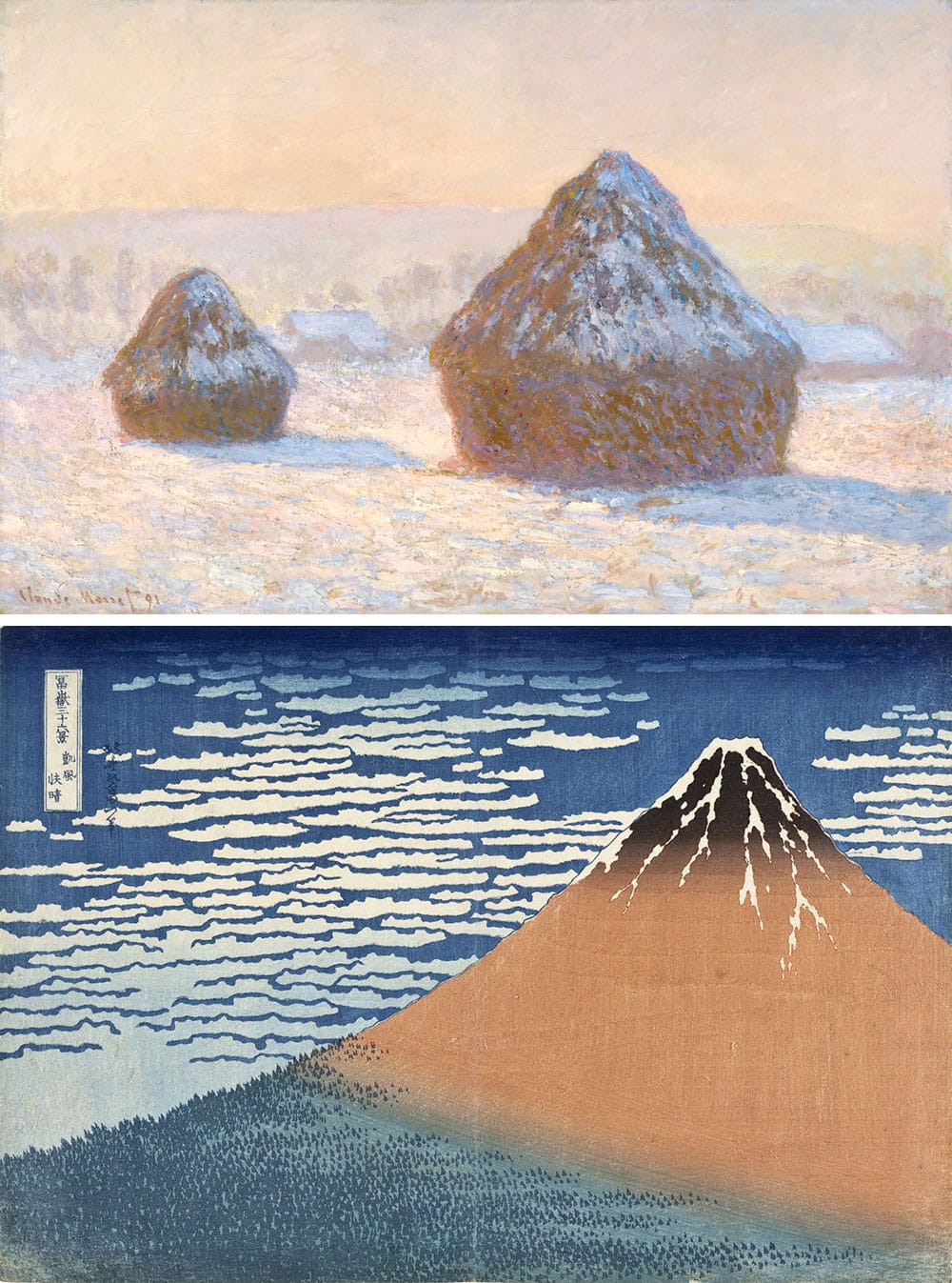 Claude Monet, Wheatstacks, Snow Effect, Morning (top). 1891. Oil on canvas. Courtesy The J. Paul Getty Museum. Katsushika Hokusai, South Wind, Clear Dawn (bottom), from a series of Thirty-six views of Mt. Fuji. 1830-1831. Color woodblock print. Courtesy the Los Angeles County Museum of Art.