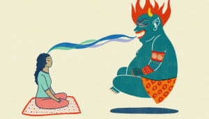 Illustration of a meditator feeding a mara demon.