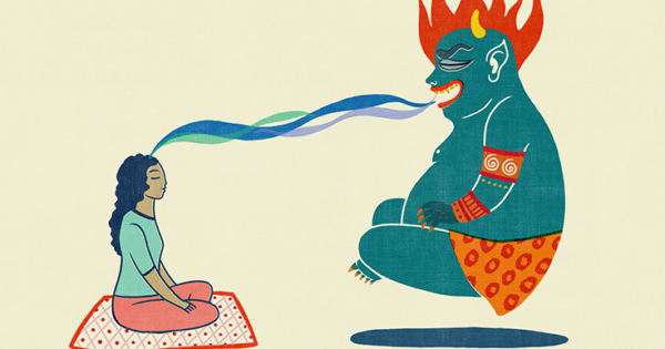Illustration of a meditator feeding a mara demon.