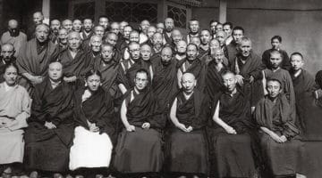 Conference of all Tibetan Buddhist traditions, 1963. In the front row, from left to right are Dudjom Rinpoche, the Sixteenth Karmapa, the Sakya Trizin, the Dalai Lama, Ling Rinpoche, Trijang Rinpoche, and Bakula Rinpoche. © Homai Vyarawalla.