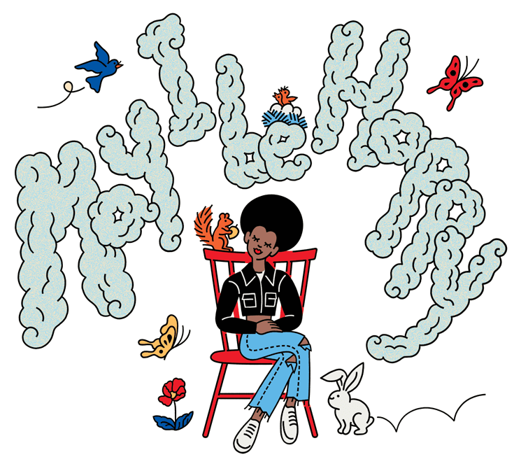 A cartoon of a woman sitting on a chair with her hands crossed. A thought bubble is above her that reads "May I be happy."