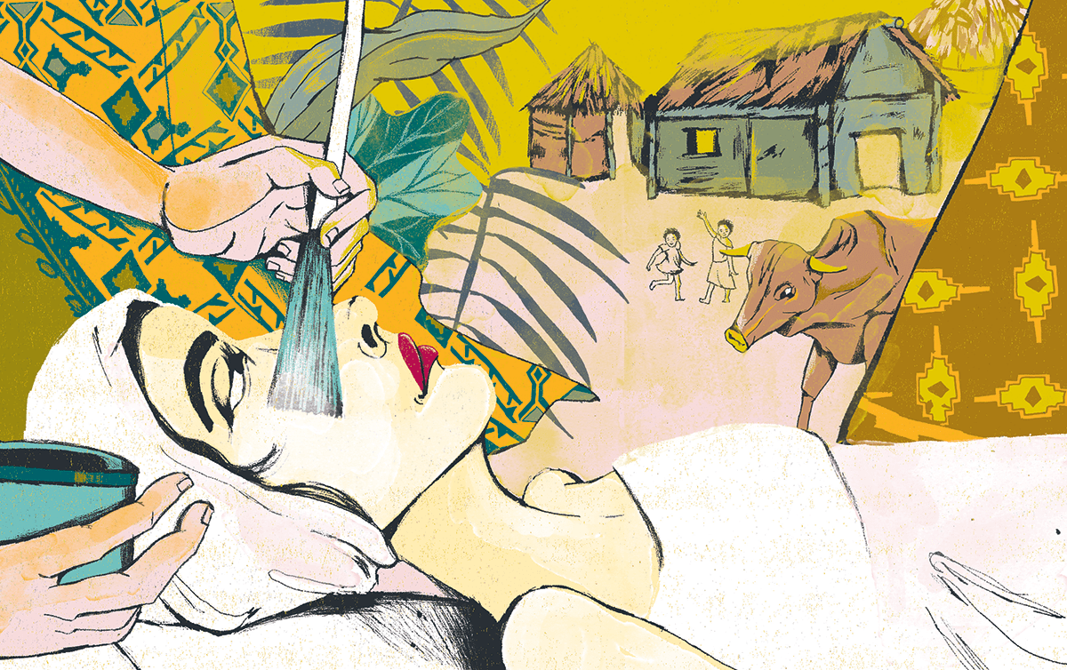illustration of a woman at a spa by Kim Rosen.
