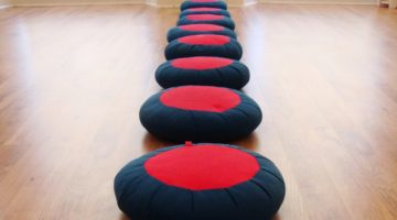 A row of meditation cushions.