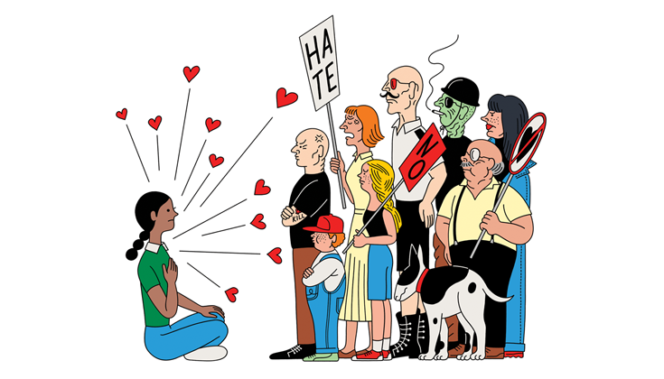 A cartoon of a woman sitting in meditation across from a protest.