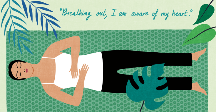 Illustration of woman meditating in leaves, "Breathing out, I am aware of my heart."