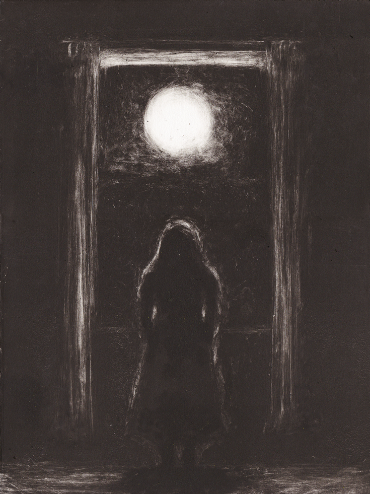 A painting of an outline of a person facing the moon.
