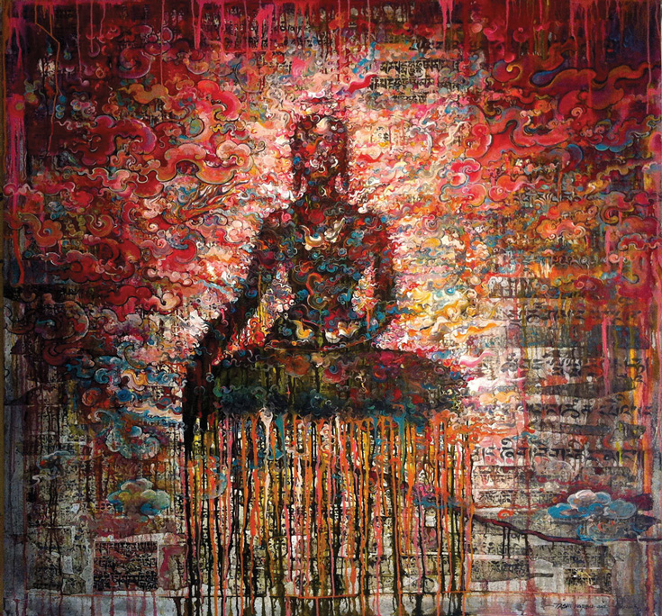 A painting of a person meditating with many colours in the background.