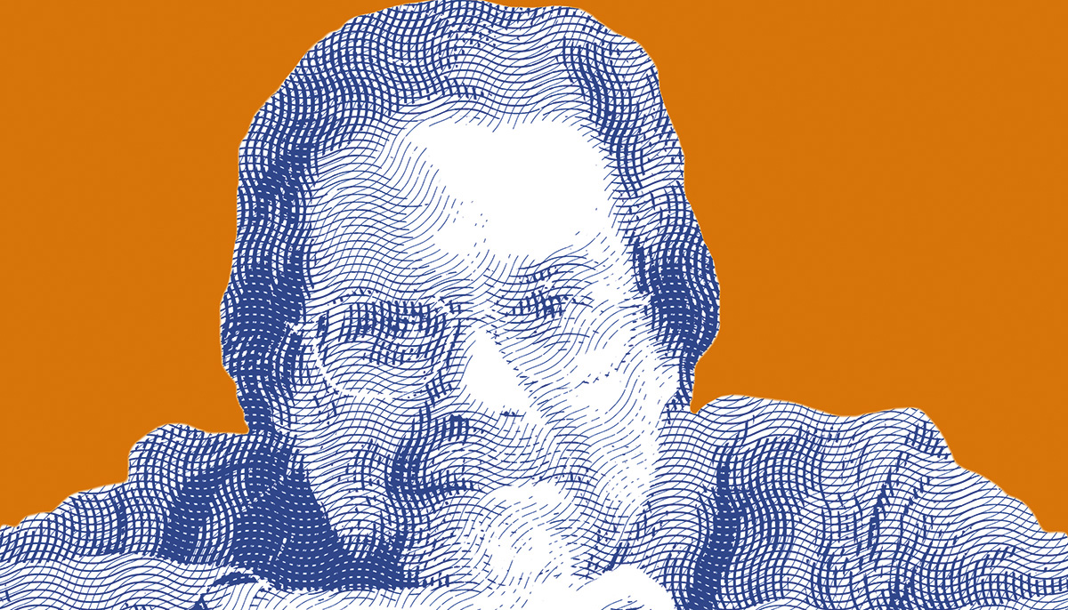A photo of a man with glasses with a pop-art style filter on top of it. The background is orange.