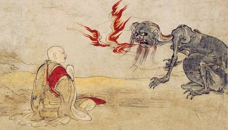 A drawing of a creature looking at a monk. The monk is calm.