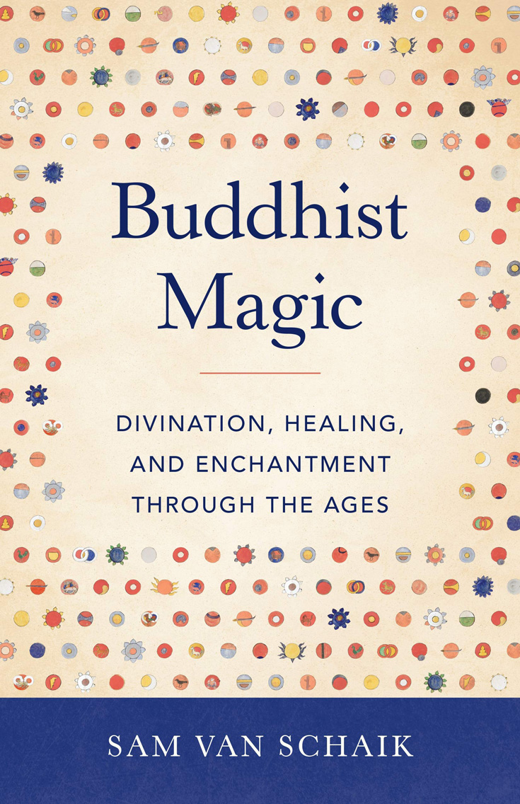 Book cover for Buddhist Magic. It has text and then icons surrounding the text.