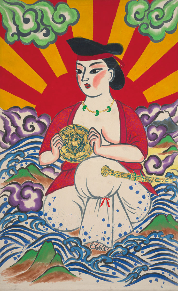 Painting of Amaterasu in waves and mountains