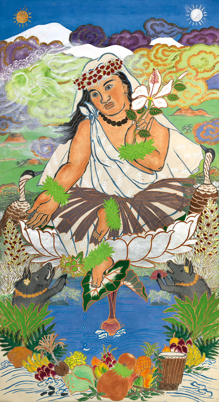 Painting of Poliahu sitting in lotus flower, reaching hand out towards animals sitting in pond