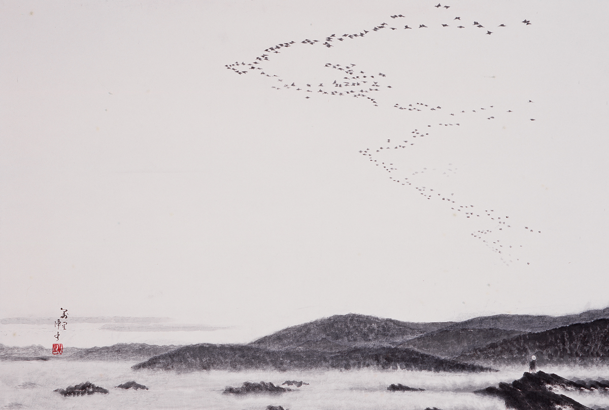 Photo of birds in the sky over cliffs.