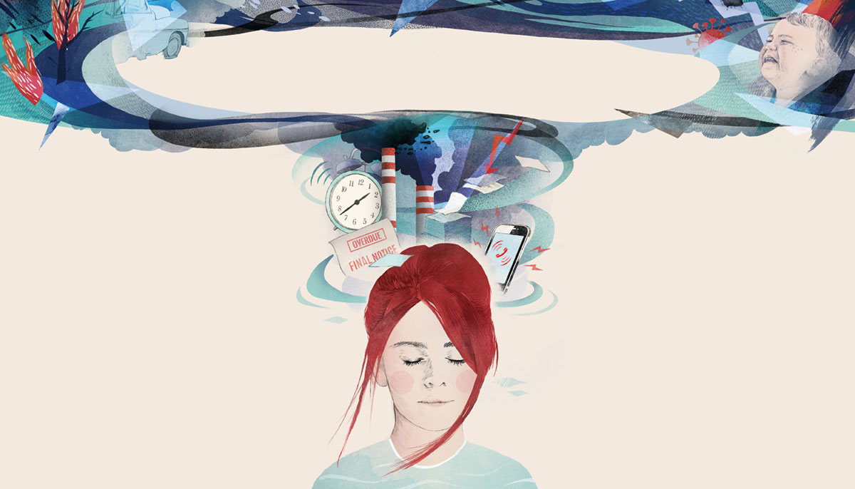 Illustration of woman with eyes closed. Over her head she is picturing alarms, financial overdue notices, smoke stacks, phone ringing.