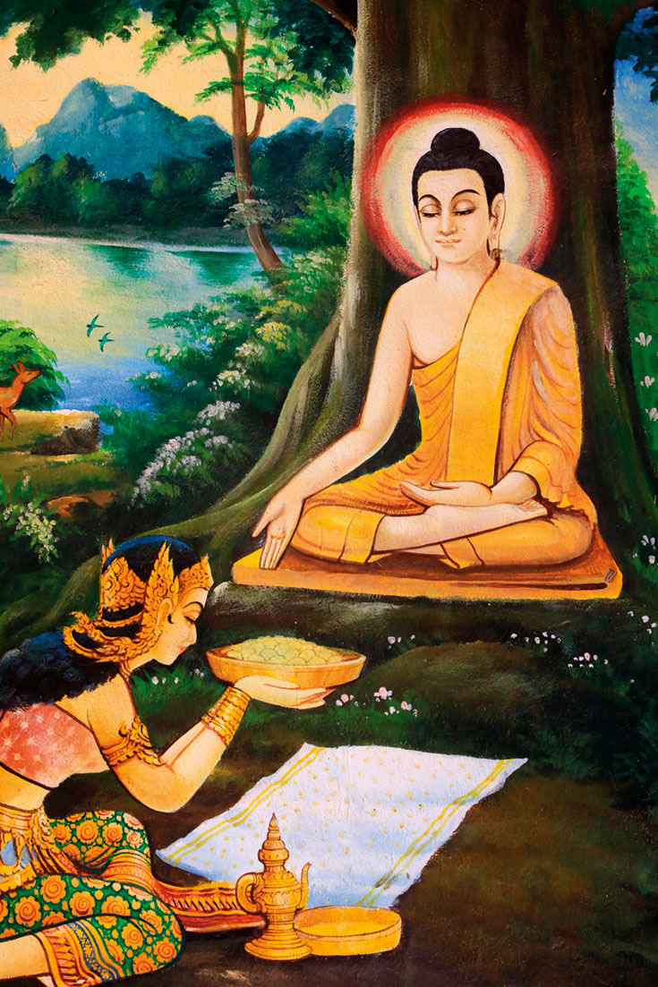 The Buddha meditating under a tree while Sujata offers him a bowl of milk rice