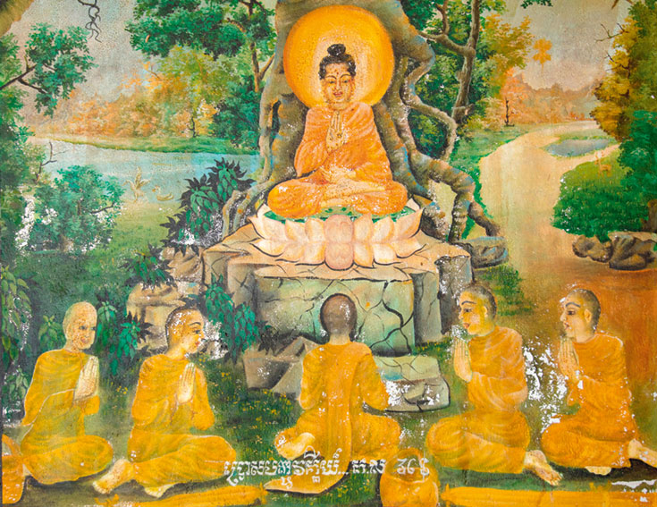 Mural of Buddha sitting in lotus flower on tree stump. Five disciples sit in front of him.