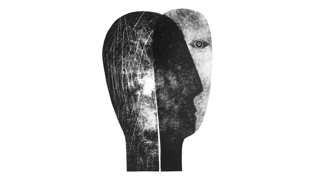 Two faces overlayed on each other. It is a drawing.