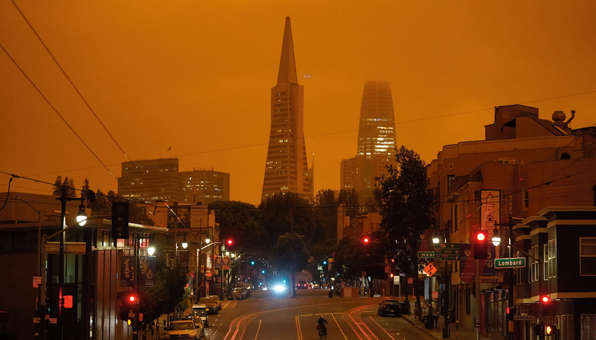 A photo of a city in smog.