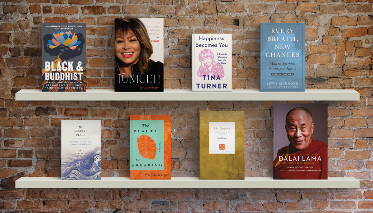 Eight book covers on a shelf against a brick wall.