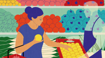 Illustration of a woman picking fruit in the grocery store.
