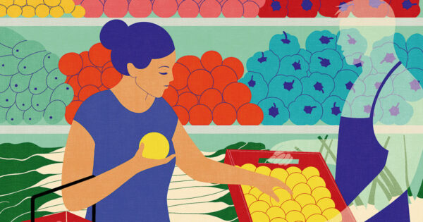 Illustration of a woman picking fruit in the grocery store.