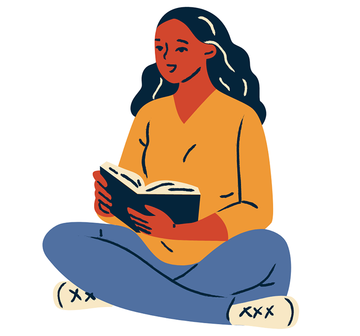 Illustrated woman reading mindfulness books