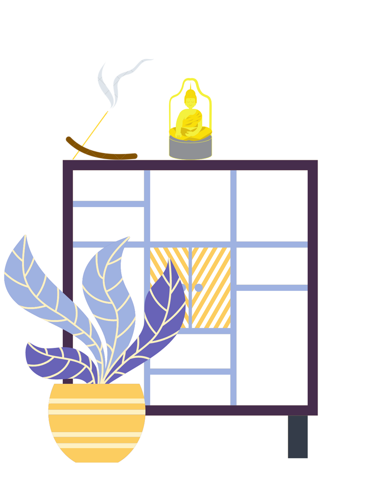 Illustrated Buddhist mindfulness altar with buddha statue and incense