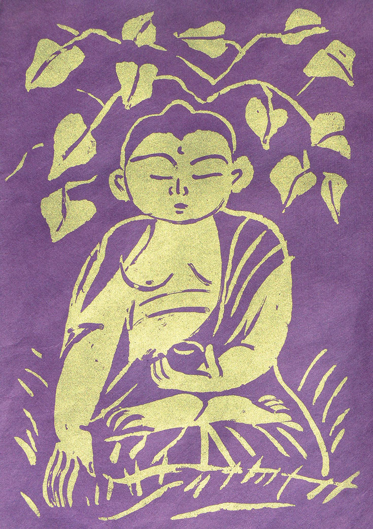 Paiting of Buddha sitting in the grass with leaves in background.