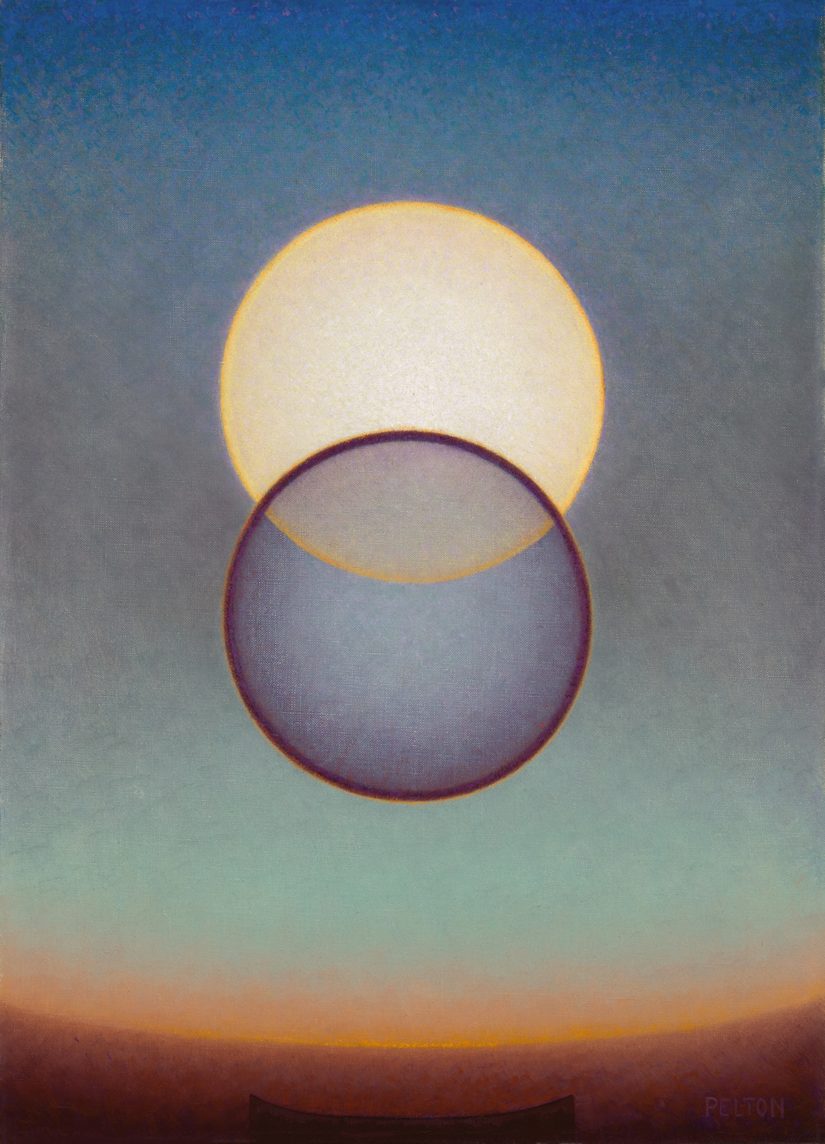 The sun and moon align. Shades of blue meet hues of red on the horizon; a solar eclipse impending.
