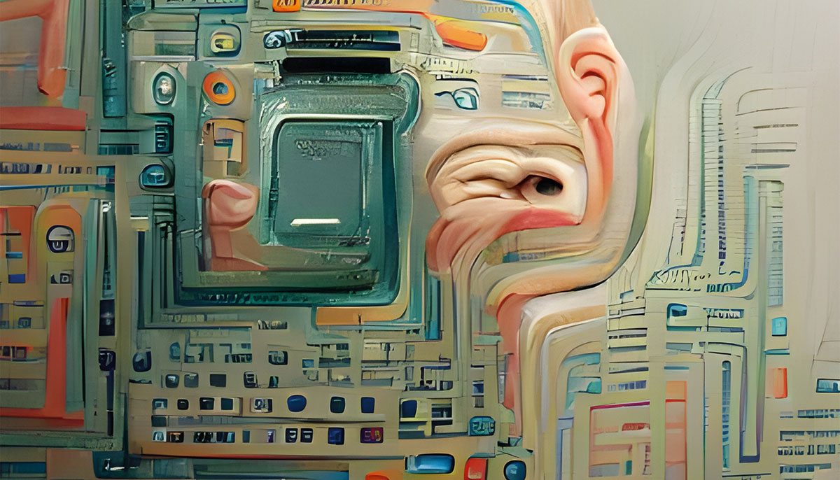 An abstract artwork of blue, orange, and human-like features created by AI in response to the question "What is a computer's original face before it was born?"