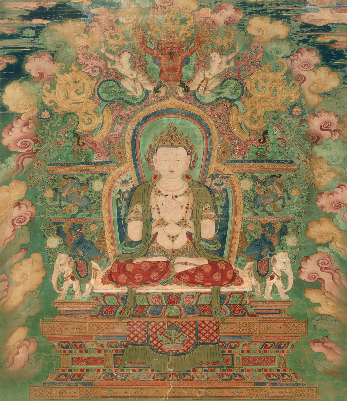 Buddha sits atop an altar. Animals and figures in the backgrounds, framed by colourful clouds.