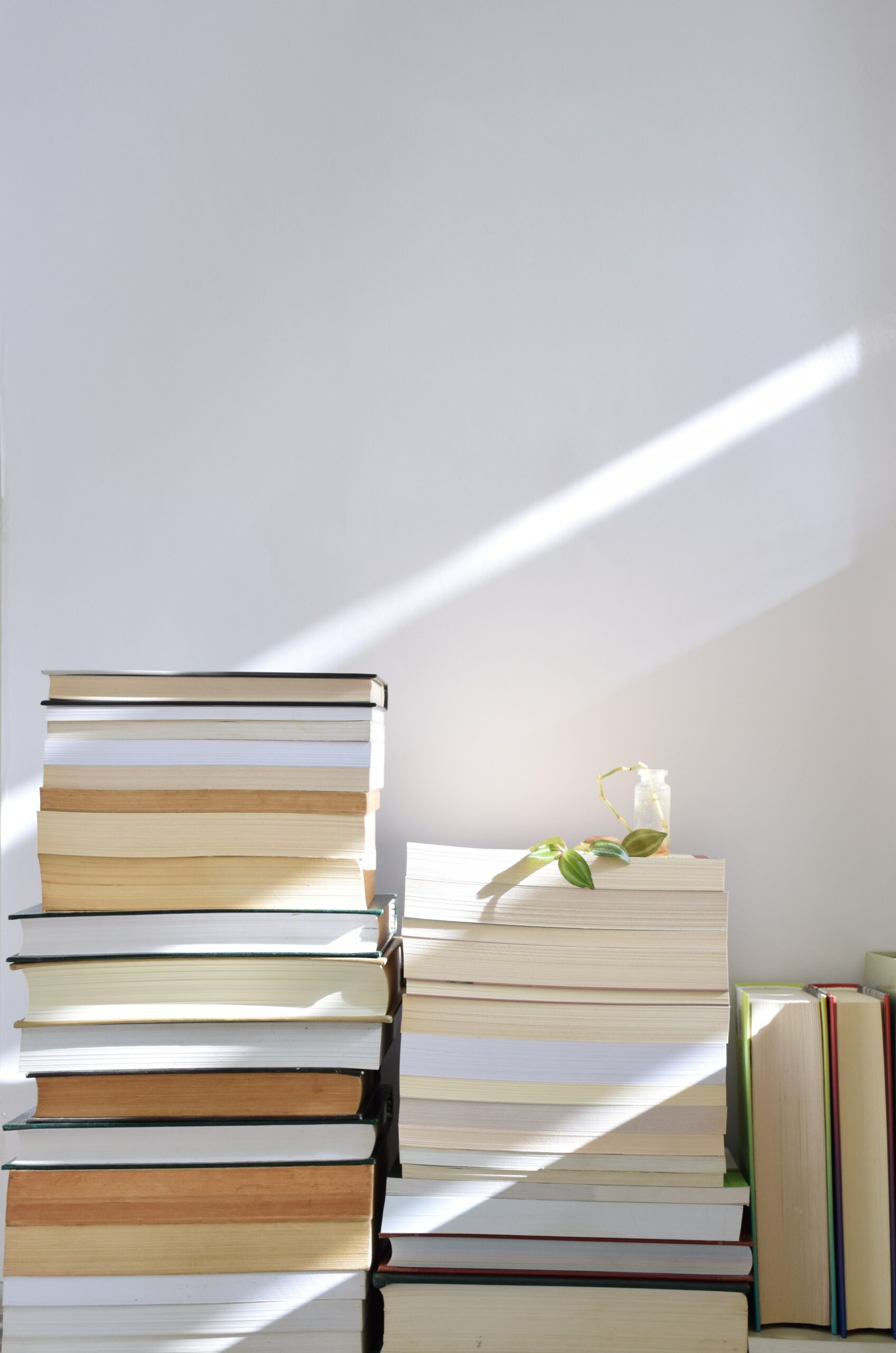 stack of books in sunlight