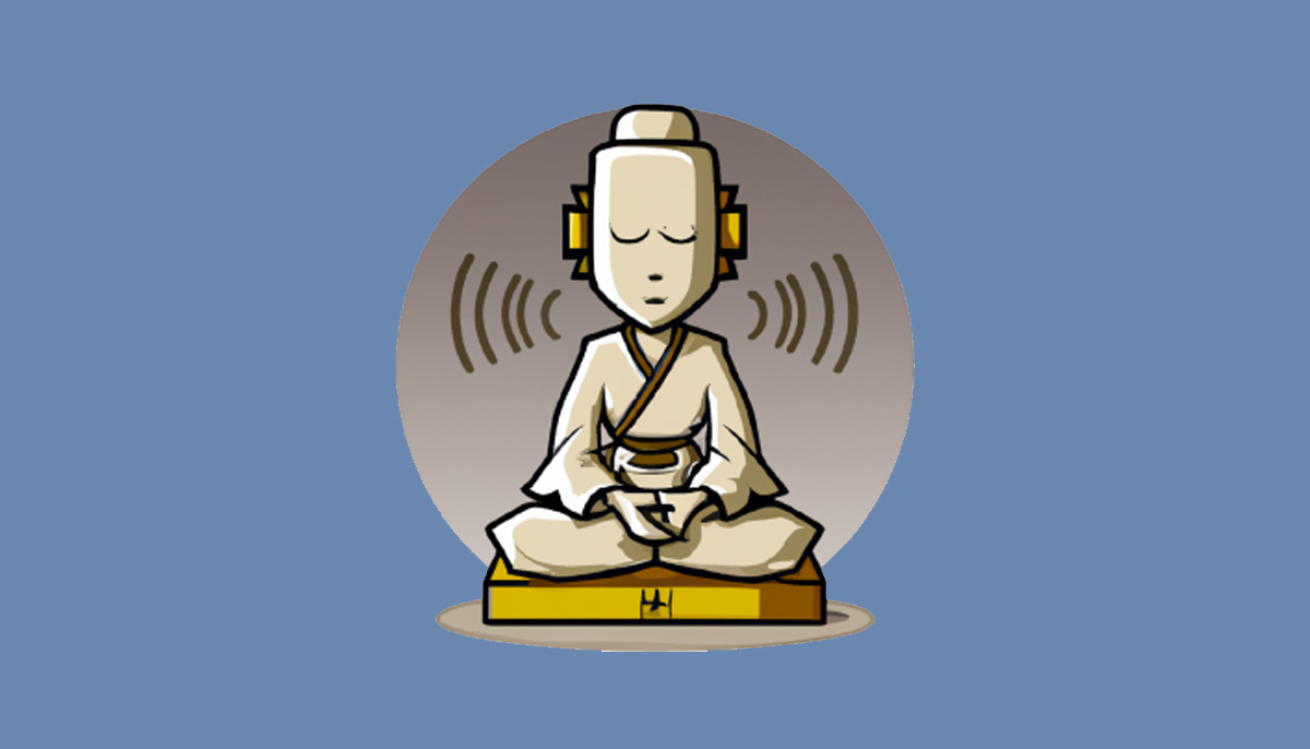 A cartoon robot meditates on a square, yellow cushion